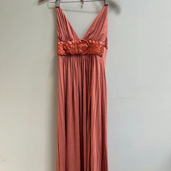 Sky Maxi Dress‎ Leather Belt Plunge V Neck Pleated Coral Melon Halter NEW Small - Picture 2 of 6